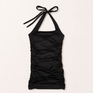 Y2K Black Ruched Halter Mini Dress Bodycon Sleeveless Stretch Club Party